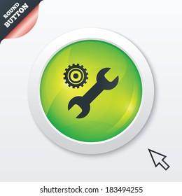 Repair tool sign icon. Service symbol. Hammer with wrench. Green shiny button. Modern UI website button with mouse cursor pointer. Vector