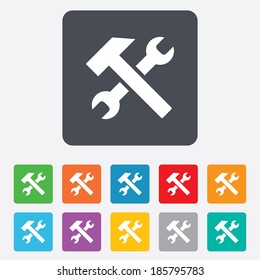 Repair tool sign icon. Service symbol. Hammer with wrench. Rounded squares 11 buttons. Vector