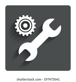 Repair tool sign icon. Service symbol. Hammer with wrench. Gray flat button with shadow. Modern UI website navigation. Vector