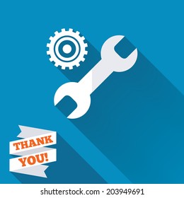 Repair tool sign icon. Service symbol. Hammer with wrench. White flat icon with long shadow. Paper ribbon label with Thank you text. Vector