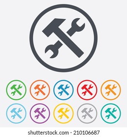 Repair tool sign icon. Service symbol. Hammer with wrench. Round circle buttons with frame. Vector