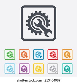 Repair tool sign icon. Service symbol. Hammer with wrench. Round squares buttons with frame. Vector