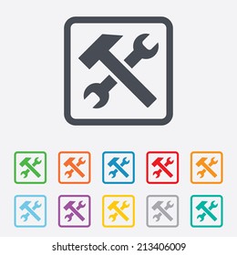 Repair tool sign icon. Service symbol. Hammer with wrench. Round squares buttons with frame. Vector