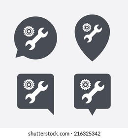 Repair tool sign icon. Service symbol. Hammer with wrench. Map pointers information buttons. Speech bubbles with icons. Vector