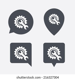 Repair tool sign icon. Service symbol. Hammer with wrench. Map pointers information buttons. Speech bubbles with icons. Vector