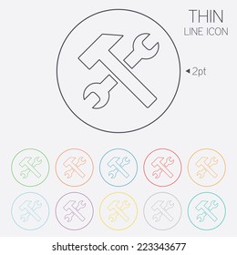 Repair tool sign icon. Service symbol. Hammer with wrench. Thin line circle web icons with outline. Vector