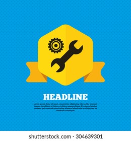Repair tool sign icon. Service symbol. Hammer with wrench. Yellow label tag. Circles seamless pattern on back. Vector