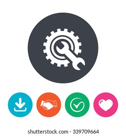 Repair tool sign icon. Service symbol. Hammer with wrench. Download arrow, handshake, tick and heart. Flat circle buttons.