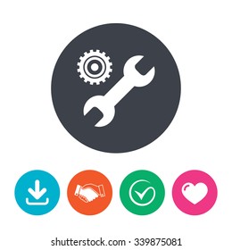 Repair tool sign icon. Service symbol. Hammer with wrench. Download arrow, handshake, tick and heart. Flat circle buttons.