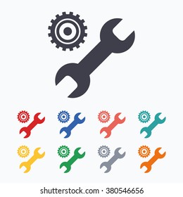 Repair tool sign icon. Service symbol. Hammer with wrench. Colored flat icons on white background.