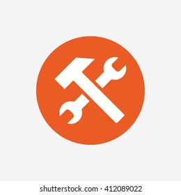 Repair tool sign icon. Service symbol. Hammer with wrench. Orange circle button with icon. Vector