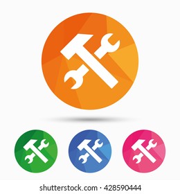 Repair tool sign icon. Service symbol. Hammer with wrench. Triangular low poly button with flat icon. Vector