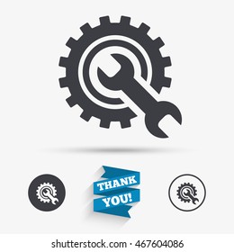 Repair tool sign icon. Service symbol. Hammer with wrench. Flat icons. Buttons with icons. Thank you ribbon. Vector