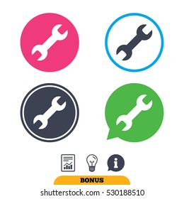 Repair tool sign icon. Service symbol. Report document, information sign and light bulb icons. Vector
