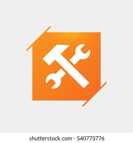 Repair tool sign icon. Service symbol. Hammer with wrench. Orange square label on pattern. Vector