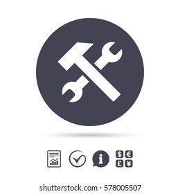 Repair tool sign icon. Service symbol. Hammer with wrench. Report document, information and check tick icons. Currency exchange. Vector