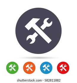 Repair tool sign icon. Service symbol. Hammer with wrench. Round colourful buttons with flat icons. Vector