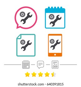 Repair tool sign icon. Service symbol. Hammer with wrench. Calendar, chat speech bubble and report linear icons. Star vote ranking. Vector