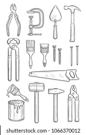 Repair tool sketch for construction, carpentry and finishing work. Hammer, plier and screw, paint , brush and trowel, saw, nail and wire cutters, clamp and pincers icon for hand instrument design