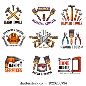 Repair tool sketch for home construction. Screwdriver, hammer and pliers, spanner, drill, paint brush and roller, wrench, saw and screw, hard hat, spatula and vise for house renovation design