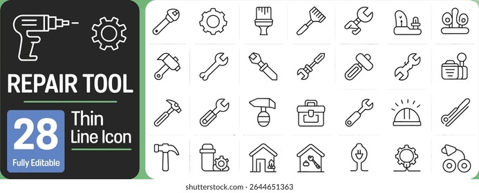 Repair tool thin line icons isolated on white background
