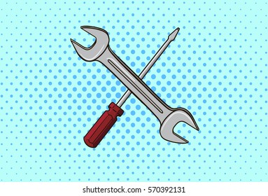 Repair tool vector. Service symbol. Gear, screwdriver and wrench. cartoon.