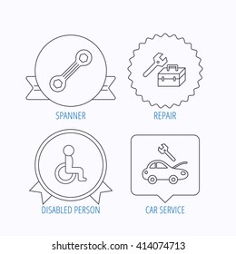 Repair toolbox, spanner tool and car service icons. Disabled person linear sign. Award medal, star label and speech bubble designs. Vector