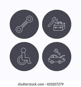 Repair toolbox, spanner tool and car service icons. Disabled person linear sign. Flat icons in circle buttons on white background. Vector