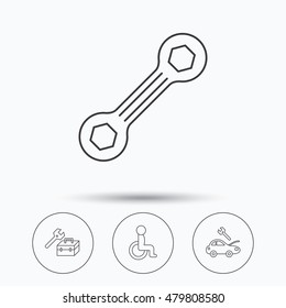 Repair toolbox, spanner tool and car service icons. Disabled person linear sign. Linear icons in circle buttons. Flat web symbols. Vector