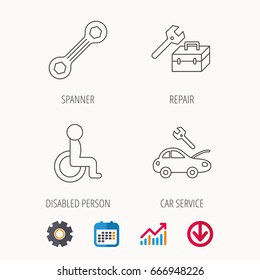 Repair toolbox, spanner tool and car service icons. Disabled person linear sign. Calendar, Graph chart and Cogwheel signs. Download colored web icon. Vector