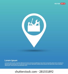 repair Toolbox with Tools icon - abstract logo type icon - white icon in map pin point showing maintenance service concept blue background. Vector illustration
