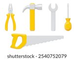 Repair tools 3D icon set. Pliers, hammer, wrench, screwdriver, hacksaw yellow and gray colors. Cartoon style. Stock vector illustration on isolated background.