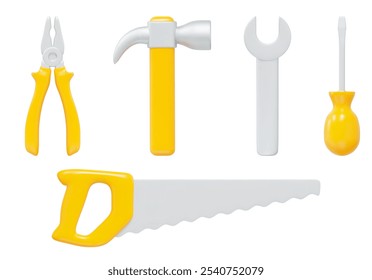 Ferramentas de reparação Conjunto de ícones 3D. Alicates, martelo, chave de fenda, chave de fenda, serra de hacksaw cores amarela e cinza. Estilo de desenho animado. Ilustração de vetor de estoque em plano de fundo isolado.