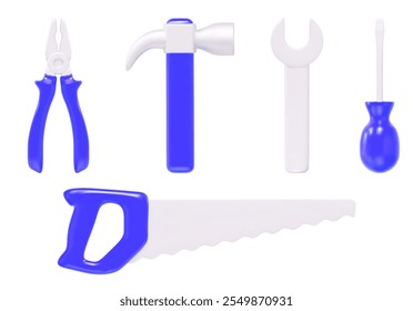 Repair tools 3D icon set. Pliers, hammer, wrench, screwdriver, hacksaw blue and gray colors. Stock vector illustration on isolated background.