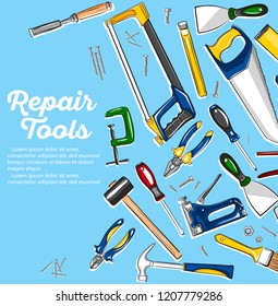Repair tools banner in hand drawn style. Tools shop poster. Top view mechanic instruments vector illustration. Repairs workshop hand equipment.