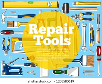 Repair tools banner in hand drawn style. Top view mechanic instruments vector illustration. Repairs workshop equipment. Hand tools for carpentry and home renovation. Diy store advertising