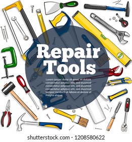 Repair tools banner in hand drawn style. Top view mechanic instruments vector illustration. Repairs workshop equipment. Hand tools for carpentry and home renovation. Diy store advertising