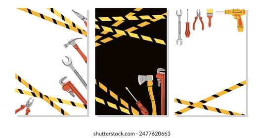 Reparaturwerkzeuge Banner. Hausbauausrüstung. Doodle Zeichnen. Bauinstrumente Schraubendreher Sägehammer. Renovierungs-Industrie-Poster. Vektorgrafik Cartoon flach isoliert Hintergrund Illustration