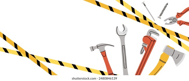 Repair tools banner. House construction equipment. Doodle drawing. Building instruments screwdriver saw and hammer. Renovation industry poster. Vector cartoon flat isolated background illustration