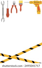 Repair tools banner. House construction equipment. Doodle drawing. Building instruments screwdriver saw hammer. Renovation industry poster. Vector cartoon flat isolated background illustration