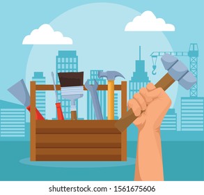 repair tools box and hand holding a hammer over urban city buildings background, colorful design , vector illustration
