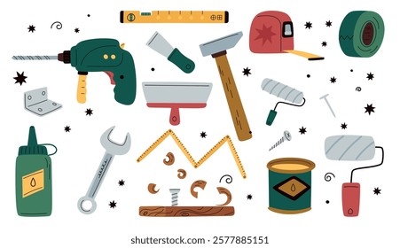 Repair tools. Carpentry instrument. Maintenance toolkit. Screwdriver and saw. Construction workshop. Hammer with nails. Ruler reel. Builder wrench or trowel. Building