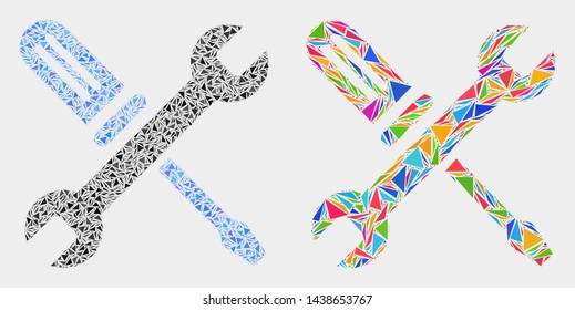 Repair tools collage icon of triangle items which have various sizes and shapes and colors. Geometric abstract vector illustration of repair tools.