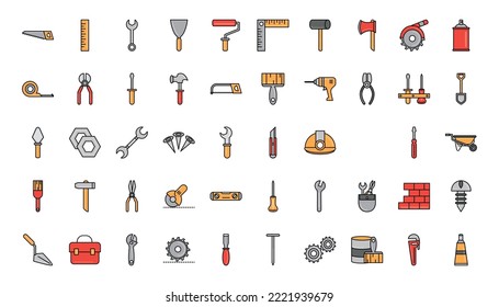 Herramientas de reparación y equipos de construcción línea y juego de iconos de llenado garaje Imagen vectorial libre