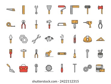 Repair tools and construction equipments line and fill icon set vector