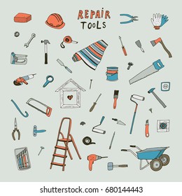 repair tools doodle vector objects set