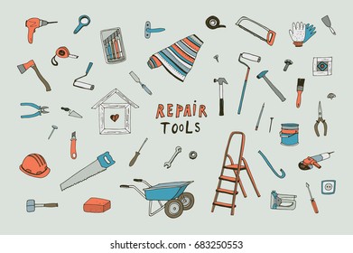 repair tools doodle vector objects set