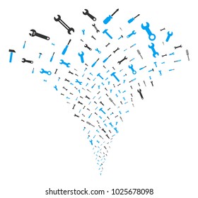 Repair Tools exploding fountain. Vector illustration style is flat iconic symbols. Object fountain combined from random pictograms as repair tools fireworks.
