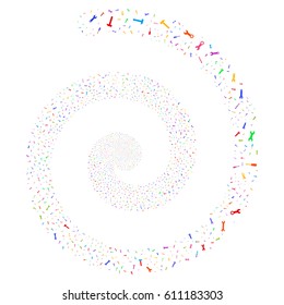 Repair Tools exploding swirl spiral. Vector bright multicolored random objects.