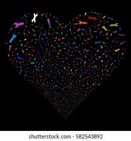 Repair Tools fireworks with heart shape. Vector illustration style is flat bright multicolored iconic symbols on a black background. Object heart made from confetti symbols.